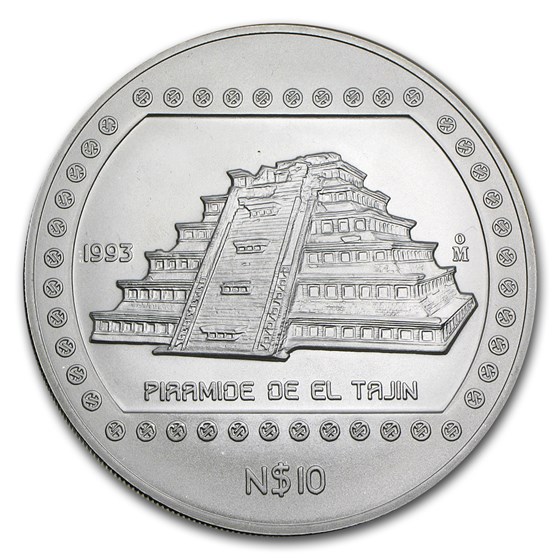 1993 Mexico 5 oz Silver 10 Pesos Piramide De El Tajin BU 1993 Mexico 5 oz Silver 10 Pesos Piramide De El Tajin BU