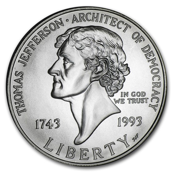 1993-P Jefferson 250th Anniversary $1 Silver Commem BU (Box/COA)