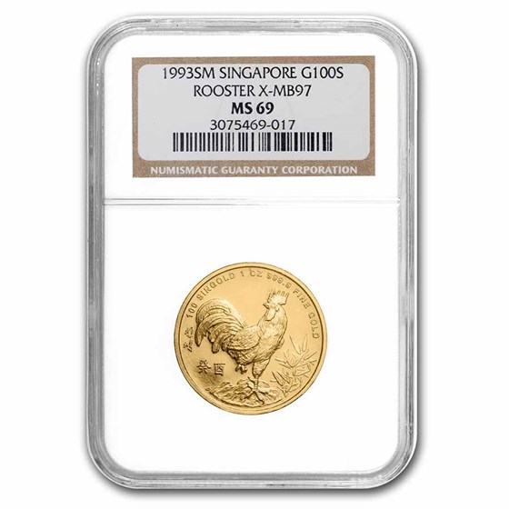 1993 Singapore 1 oz Gold 100 Singold Rooster MS-69 NGC