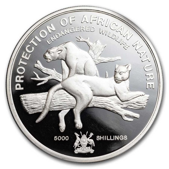 1993 Uganda Silver 5000 Shillings Leopards Proof 1993 Uganda Silver 5000 Shillings Leopards Proof