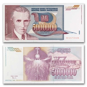 Jugoslavia 1993 Nikola Tesla Banconota Da 1000 E 5 Milioni Di Dinara - Foto 4