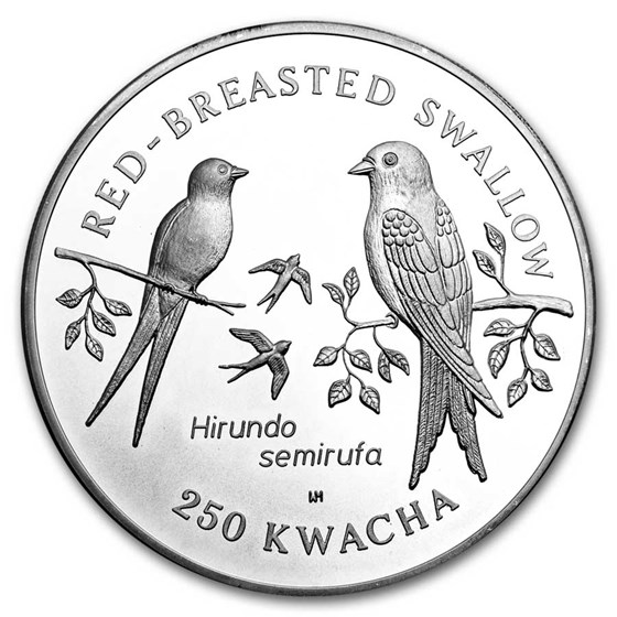 1993 Zambia Silver 250 Kwacha Red Breasted Swallow Proof 1993 Zambia Silver 250 Kwacha Red Breasted Swallow Proof