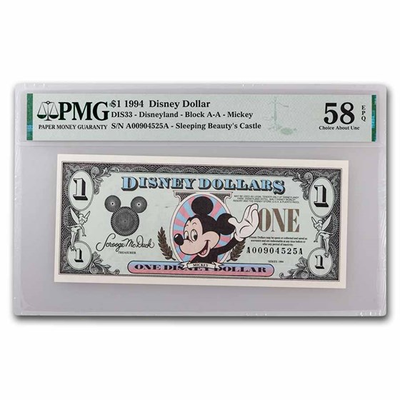 1994 $1.00 (AA) Waving Mickey AU-58 EPQ PMG (DIS#33)