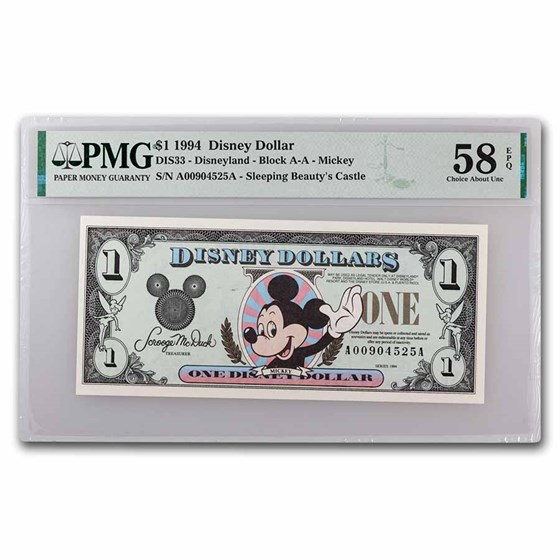 1994 $1.00 (AA) Waving Mickey AU-58 EPQ PMG (DIS#33) 1994 $1.00 (AA) Waving Mickey AU-58 EPQ PMG (DIS#33)