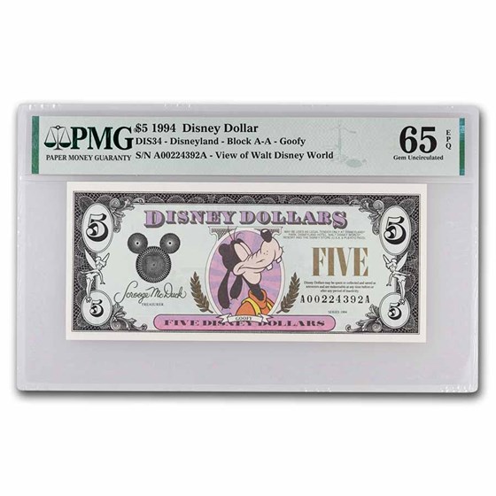 1994 $5.00 (AA) Closed-Eyed Goofy CU-65 EPQ PMG (DIS#34) 1994 $5.00 (AA) Closed-Eyed Goofy CU-65 EPQ PMG (DIS#34)