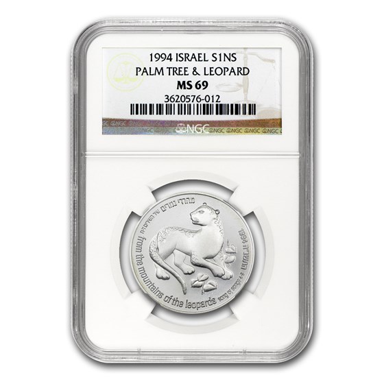 1994 Israel Silver 1 NIS Leopard and Palm Tree MS-69 NGC 1994 Israel Silver 1 NIS Leopard and Palm Tree MS-69 NGC