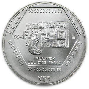 1994 Mexico 1 oz Silver 5 Pesos Mascaron Dios Chaac BU