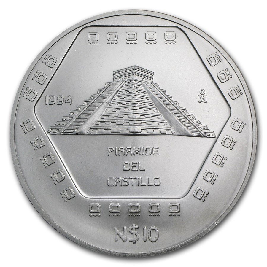 1994 Mexico 5 oz Silver 10 Pesos "Piramide del Castillo" BU