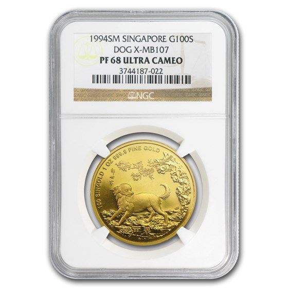 1994 Singapore 1 oz Proof Gold 100 Singold Dog PF-68 NGC 1994 Singapore 1 oz Proof Gold 100 Singold Dog PF-68 NGC