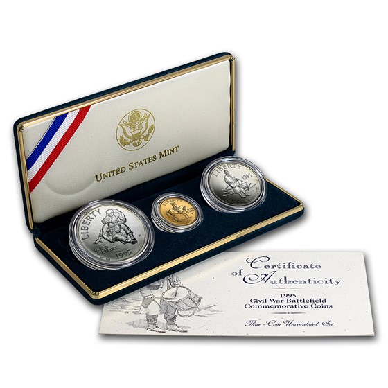 1995 3-Coin Gold/Silver/Clad Commem Civil War Set BU w/Box & COA 1995 3-Coin Gold/Silver/Clad Commem Civil War Set BU w/Box & COA