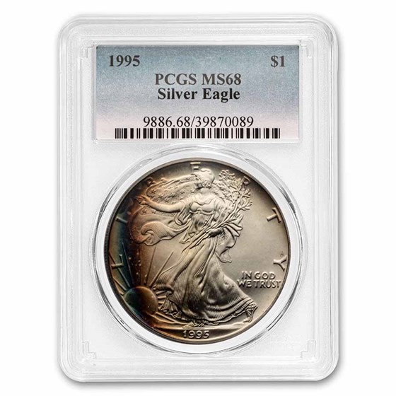 1995 American Silver Eagle MS-68 PCGS (Rainbow Crescent Toning) 1995 American Silver Eagle MS-68 PCGS (Rainbow Crescent Toning)