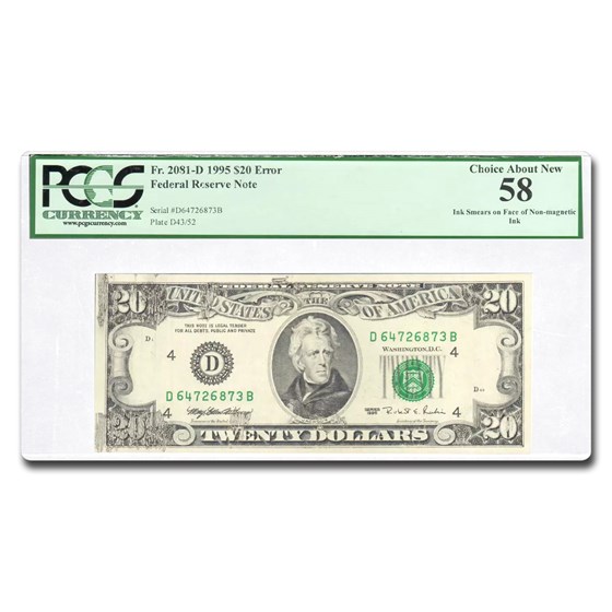 1995 (D-Cleveland) $1 FRN AU-58 PCGS (Fr#2081-D) Ink Smear 1995 (D-Cleveland) $1 FRN AU-58 PCGS (Fr#2081-D) Ink Smear
