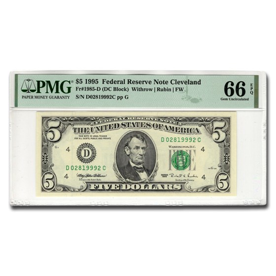 1995 (D-Cleveland) $5 FRN CU-66 EPQ PMG (Fr#1985-D) DC Block