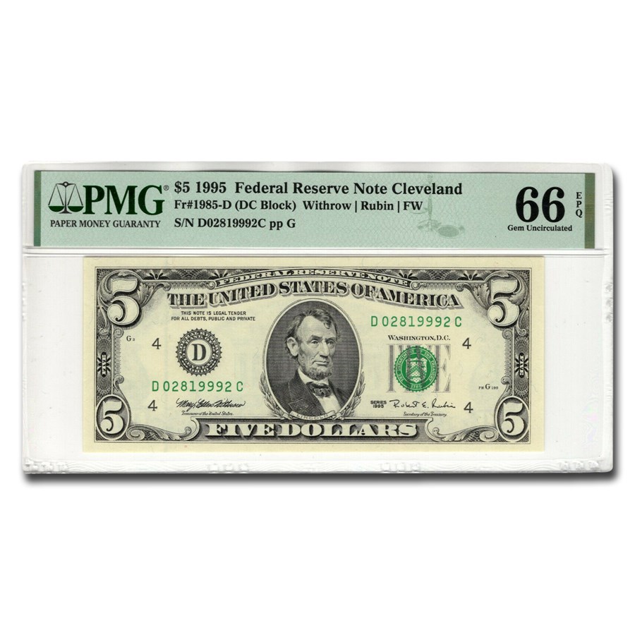 1995 (D-Cleveland) $5 FRN CU-66 EPQ PMG (Fr#1985-D) DC Block