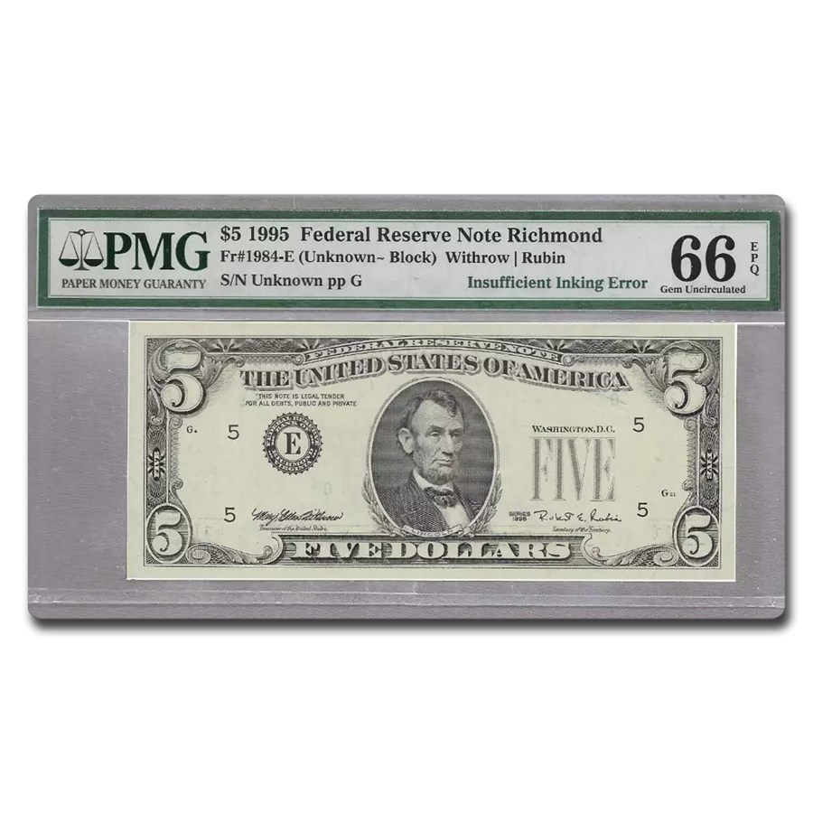 1995 (E-Richmond) $5 FRN CU-66 EPQ PMG (Fr#1985-E) Insuffic. Ink