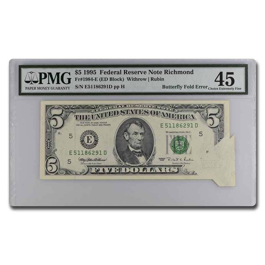 1995 (E-Richmond) $5 FRN XF-45 PMG (Fr#1984-E) Fold Error