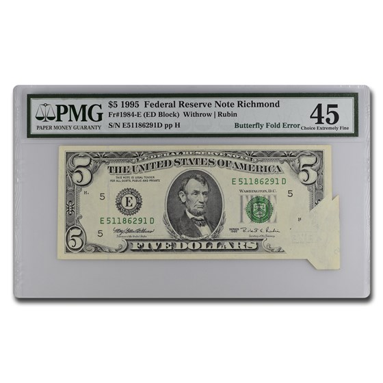 1995 (E-Richmond) $5 FRN XF-45 PMG (Fr#1984-E) Fold Error 1995 (E-Richmond) $5 FRN XF-45 PMG (Fr#1984-E) Fold Error