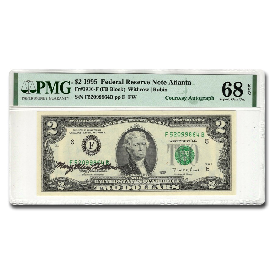 1995 (F-Atlanta) $2 FRN Gem CU-68 EPQ PMG (Fr#1936-F) Autograph