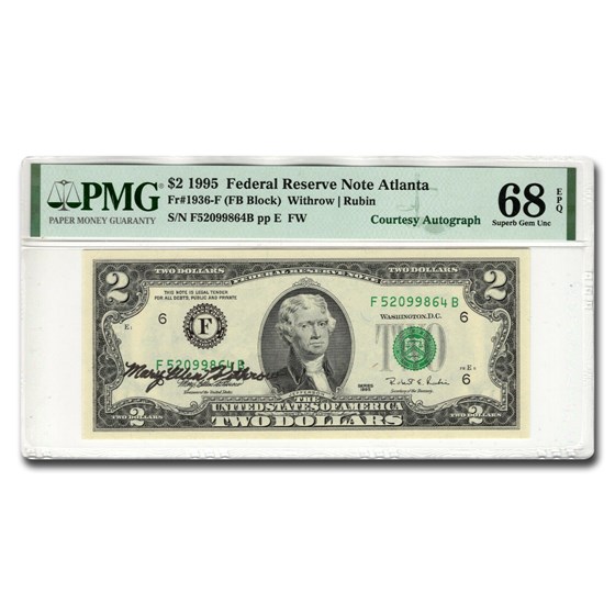 1995 (F-Atlanta) $2 FRN Gem CU-68 EPQ PMG (Fr#1936-F) Autograph 1995 (F-Atlanta) $2 FRN Gem CU-68 EPQ PMG (Fr#1936-F) Autograph