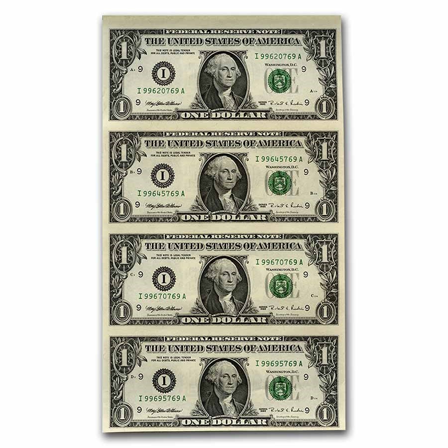 1995 (I-Minneapolis) $1 FRN CU (Fr#1921-I) 4 Note Uncut Sheet
