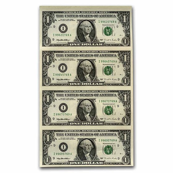 1995 (I-Minneapolis) $1 FRN CU (Fr#1921-I) 4 Note Uncut Sheet 1995 (I-Minneapolis) $1 FRN CU (Fr#1921-I) 4 Note Uncut Sheet