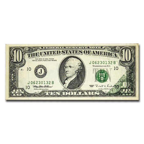 1995 (J-Kansas City) $10 FRN XF (Offset Error) 1995 (J-Kansas City) $10 FRN XF (Offset Error)