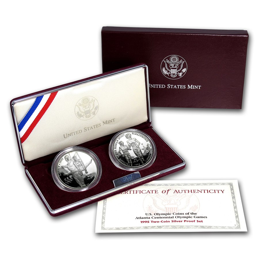 1995-P 2-Coin Olympic Blind Runner-Gymnast & Prf Set (Box/COA)