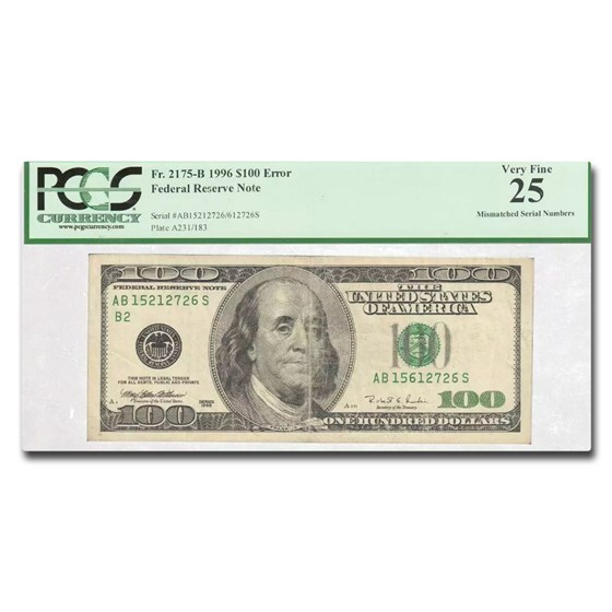 1996 (B-New York) $100 FRN VF-25 PCGS (Fr#2175-B) Mismatched # 1996 (B-New York) $100 FRN VF-25 PCGS (Fr#2175-B) Mismatched #
