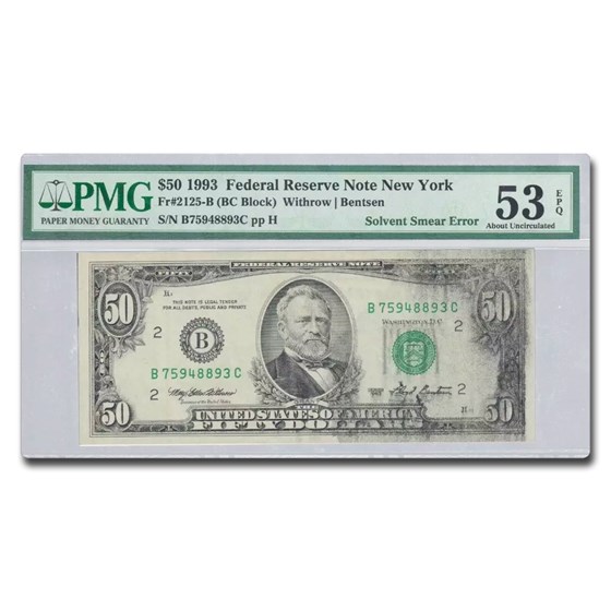 1996 (B-New York) $50 FRN AU-53 EPQ PMG (Fr#2125-B) Smear Error 1996 (B-New York) $50 FRN AU-53 EPQ PMG (Fr#2125-B) Smear Error