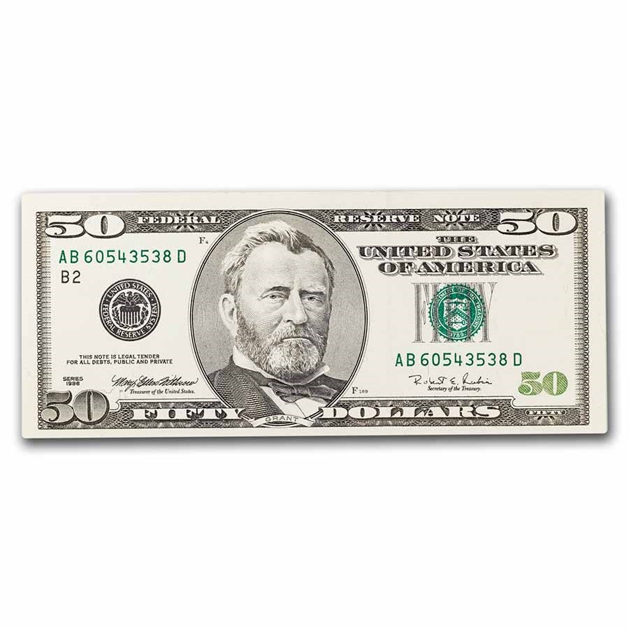 1996 (B-New York) $50 FRN CCU (Fr#2126-B) Missing Back Printing