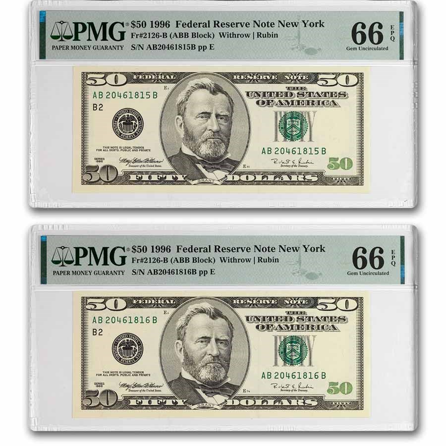 1996 (B-New York) $50 FRN CU-66 EPQ PMG (Fr#2126-B) 2 Cons.