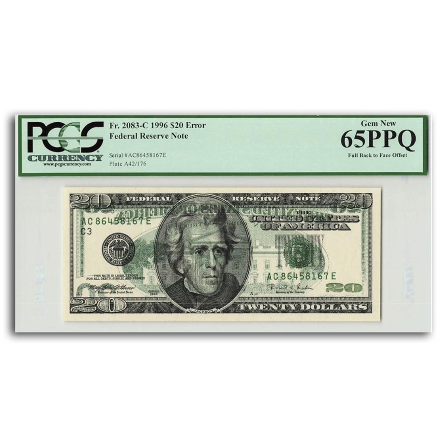 1996 (C-Phil.) $20 FRN CU-65 PPQ PCGS (Fr#2083-C) Offset Error