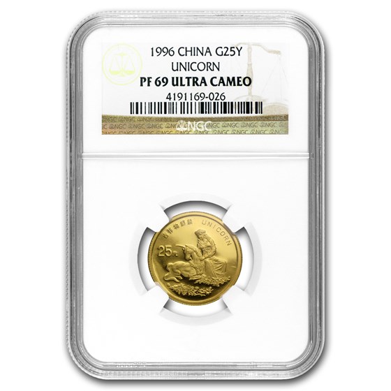 1996 China Proof 1/4 oz Gold 25 Yuan Unicorn PF-69 NGC 1996 China Proof 1/4 oz Gold 25 Yuan Unicorn PF-69 NGC