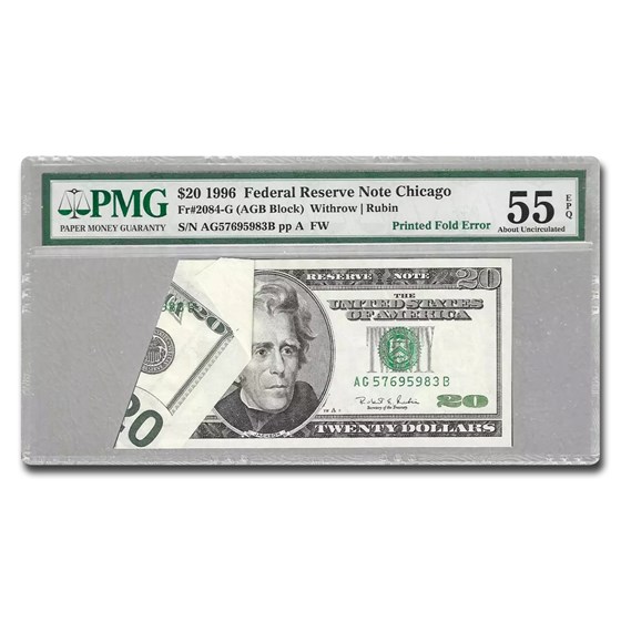 1996 (G-Chicago) $20 FRN AU-55 EPQ PMG (Fr#2084-G) Fold Error 1996 (G-Chicago) $20 FRN AU-55 EPQ PMG (Fr#2084-G) Fold Error