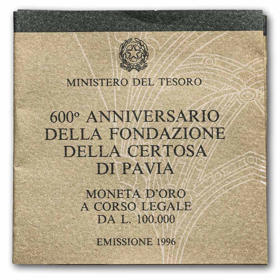 1996 Italy Proof Gold 100,000 Lire Foundation of Certosa Di Pavia
