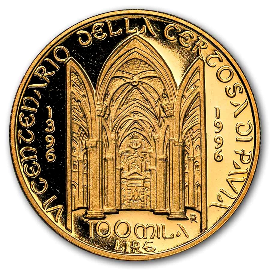 1996 Italy Proof Gold 100,000 Lire Foundation of Certosa Di Pavia