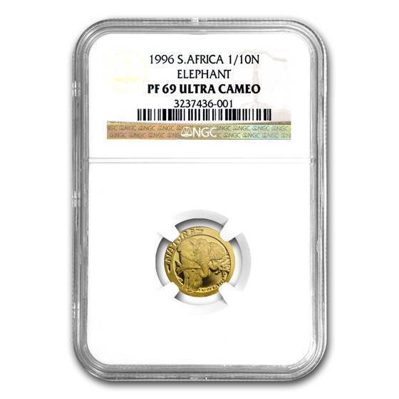 1996 South Africa 1/10 oz Gold Natura Elephant PF-69 NGC 1996 South Africa 1/10 oz Gold Natura Elephant PF-69 NGC