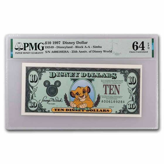 1997 $10.00 (AA) Simba (DIS#49) CU-64 EPQ PMG 1997 $10.00 (AA) Simba (DIS#49) CU-64 EPQ PMG