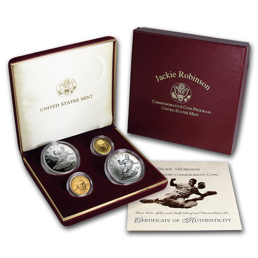 1997 4-Coin Commem Jackie Robinson Set BU & Proof (w/Box & COA)