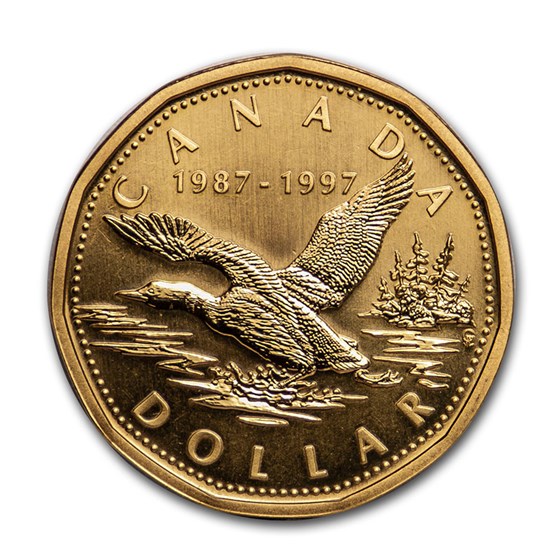 1997 Canada Aureate-Nickel Dollar 10th Anniv Loon BU Prooflike 1997 Canada Aureate-Nickel Dollar 10th Anniv Loon BU Prooflike