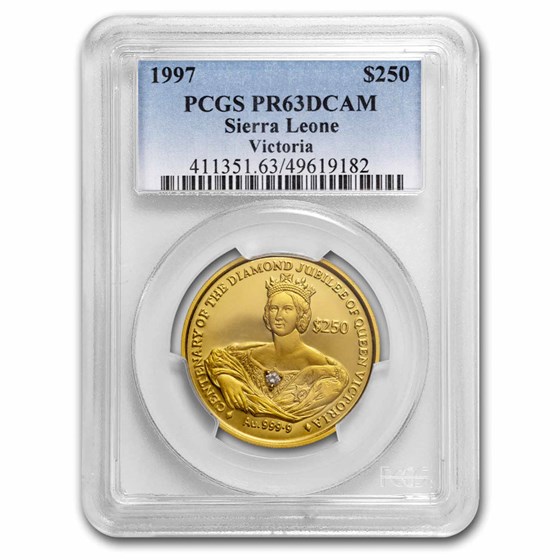 1997 Sierra Leone Gold $250 Dollars Diamond Victoria PR-63 PCGS 1997 Sierra Leone Gold $250 Dollars Diamond Victoria PR-63 PCGS