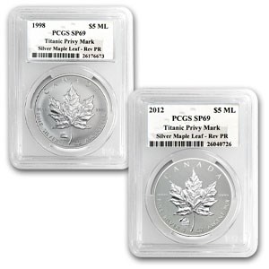 1998 & 2012 1 oz Silver Maple Leafs Titanic Privy Mark SP-69 PCGS 1998 & 2012 1 oz Silver Maple Leafs Titanic Privy Mark SP-69 PCGS