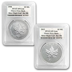 1998 & 2012 1 oz Silver Maple Leafs Titanic Privy SP-GEM PCGS 1998 & 2012 1 oz Silver Maple Leafs Titanic Privy SP-GEM PCGS