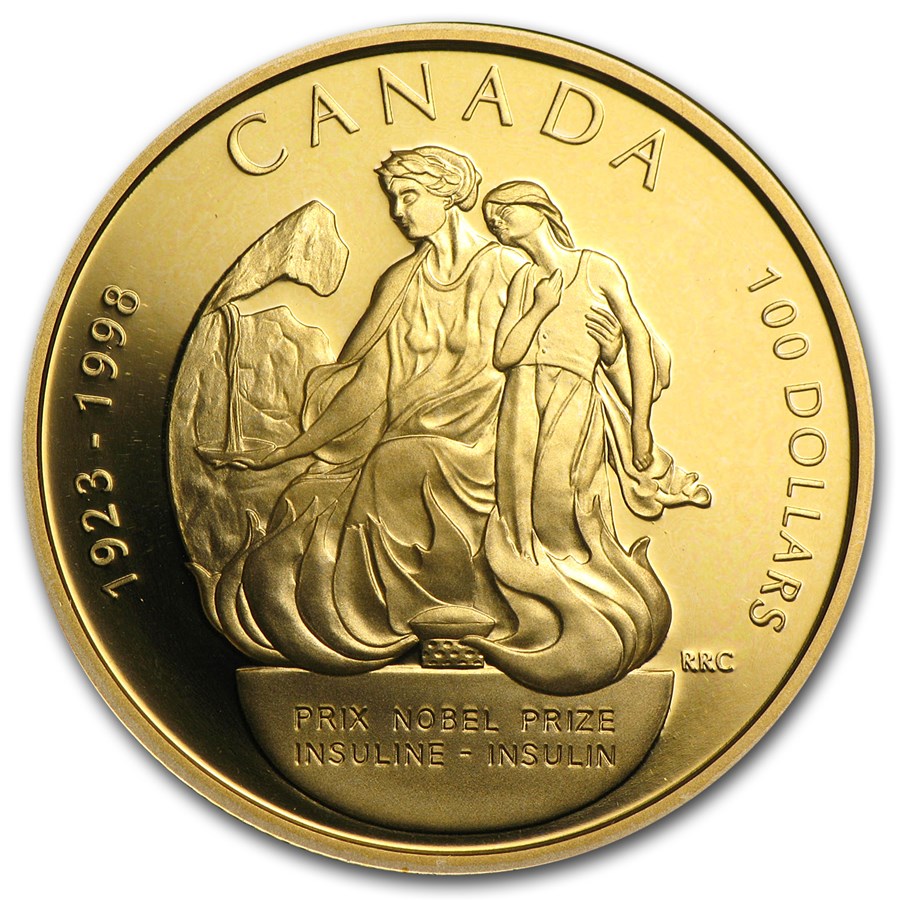1998 Canada 1/4 oz Proof Gold $100 Nobel Prize Insulin