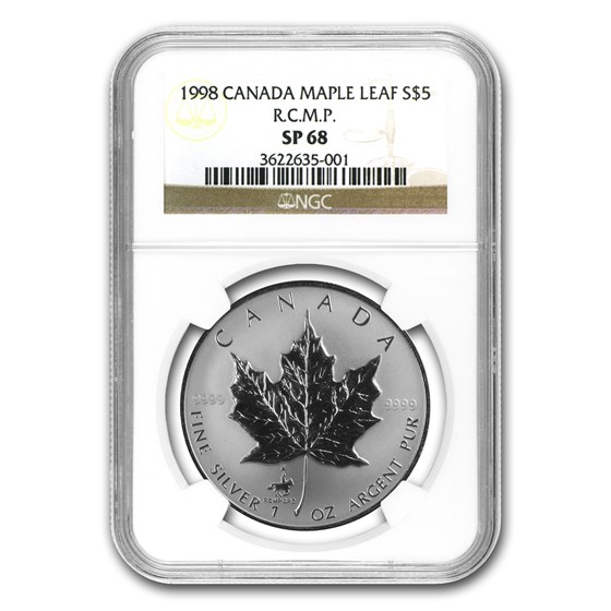 1998 Canada 1 oz Silver Maple Leaf RCMP Privy SP-68 NGC 1998 Canada 1 oz Silver Maple Leaf RCMP Privy SP-68 NGC