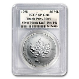 1998 Canada 1 oz Silver Maple Leaf Titanic Privy SP-GEM PCGS 1998 Canada 1 oz Silver Maple Leaf Titanic Privy SP-GEM PCGS
