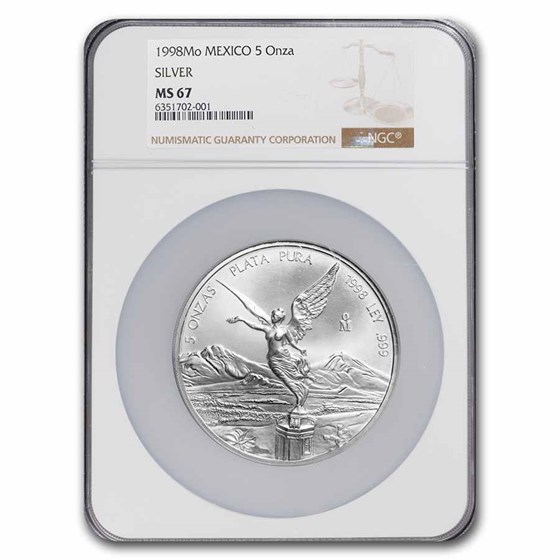 1998 Mexico 5 oz Silver Libertad MS-67 NGC (Label Varies) 1998 Mexico 5 oz Silver Libertad MS-67 NGC (Label Varies)