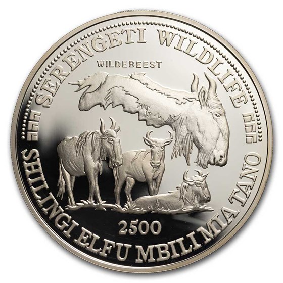 1998 Tanzania 5 oz Silver 2,500 Shilingi Wildebeest Proof 1998 Tanzania 5 oz Silver 2,500 Shilingi Wildebeest Proof