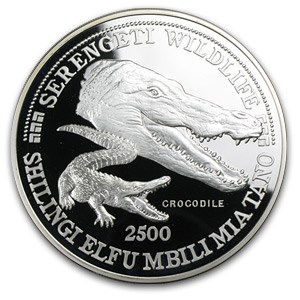 1998 Tanzania 5 oz Silver 2500 Shilingi Crocodile Proof 1998 Tanzania 5 oz Silver 2500 Shilingi Crocodile Proof