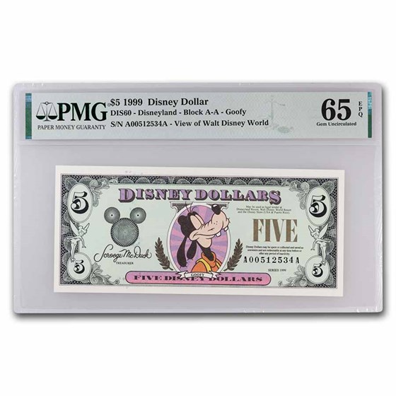 1999 $5.00 (AA) Closed-Eyed Goofy CU-65 EPQ PMG (DIS#60) 1999 $5.00 (AA) Closed-Eyed Goofy CU-65 EPQ PMG (DIS#60)